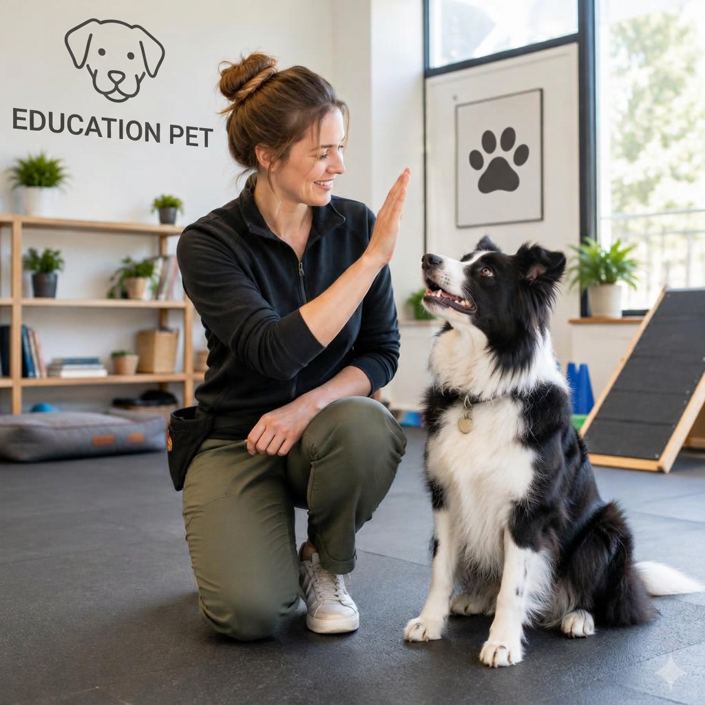 Dog trainer giving a command to an attentive border collie in an Education Pet training studio